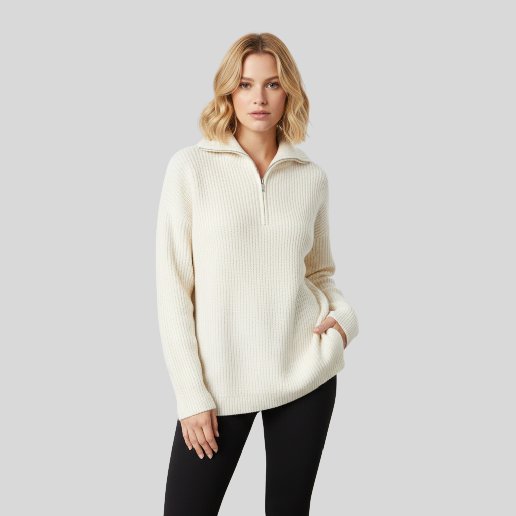 Calien & Carmel Fermuarlı Balıkçı Yaka Beyaz Kazak