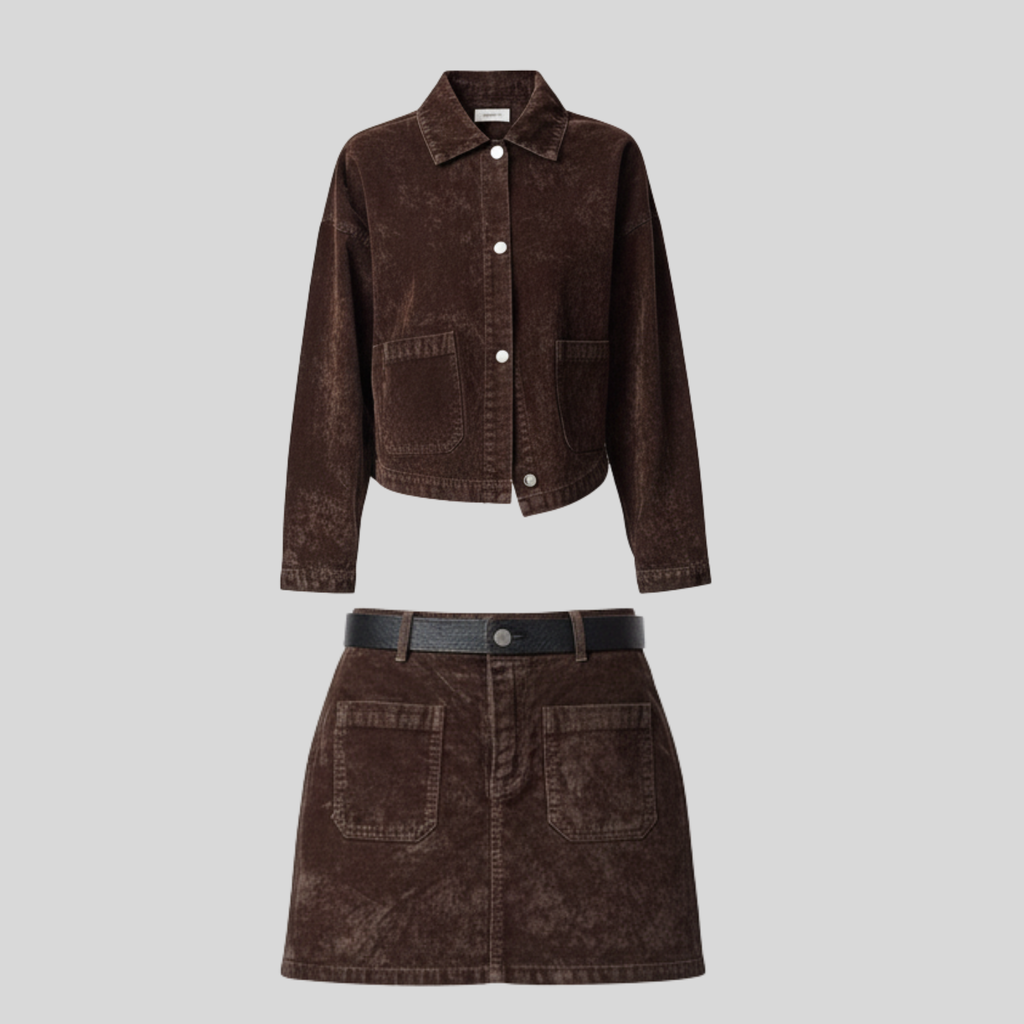 Calien&Carmel Süet Görünüm Etek Ceket Takım
